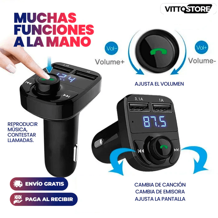 TRANSMISOR BLUETOOTH CON CARGADOR CARGA RAPIDA 2 EN 1 PARA CARRO + CABLE CARGA RAPIDA DE AUTO