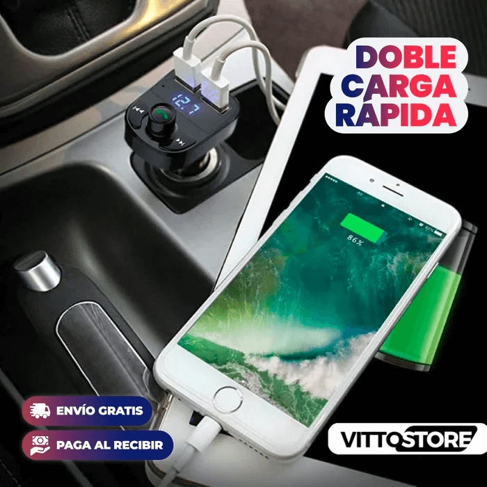 TRANSMISOR BLUETOOTH CON CARGADOR CARGA RAPIDA 2 EN 1 PARA CARRO + CABLE CARGA RAPIDA DE AUTO