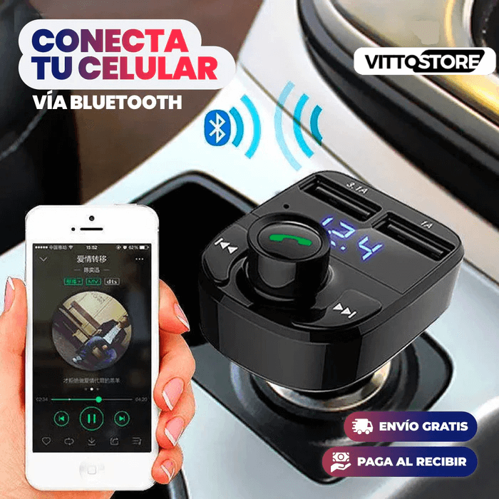 TRANSMISOR BLUETOOTH CON CARGADOR CARGA RAPIDA 2 EN 1 PARA CARRO + CABLE CARGA RAPIDA DE AUTO