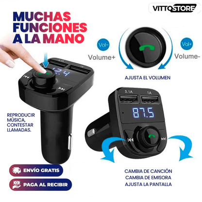 TRANSMISOR BLUETOOTH CON CARGADOR CARGA RAPIDA 2 EN 1 PARA CARRO + CABLE CARGA RAPIDA DE AUTO