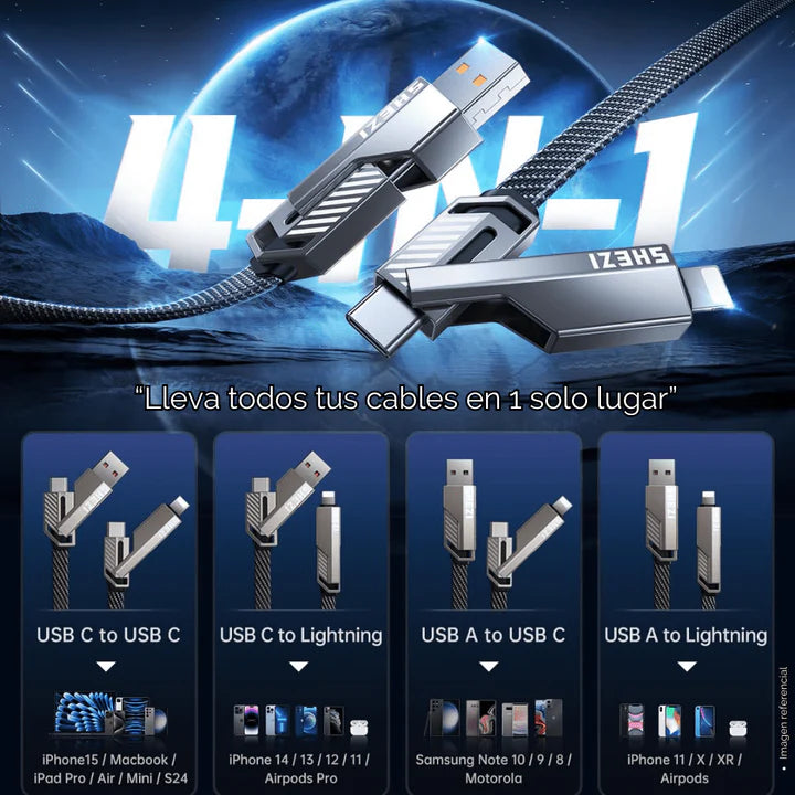 PACK X2 CABLES ULTRACARGA RÁPIDA MULTIFUNCIONAL 4 EN 1 + ENVÍO GRATIS