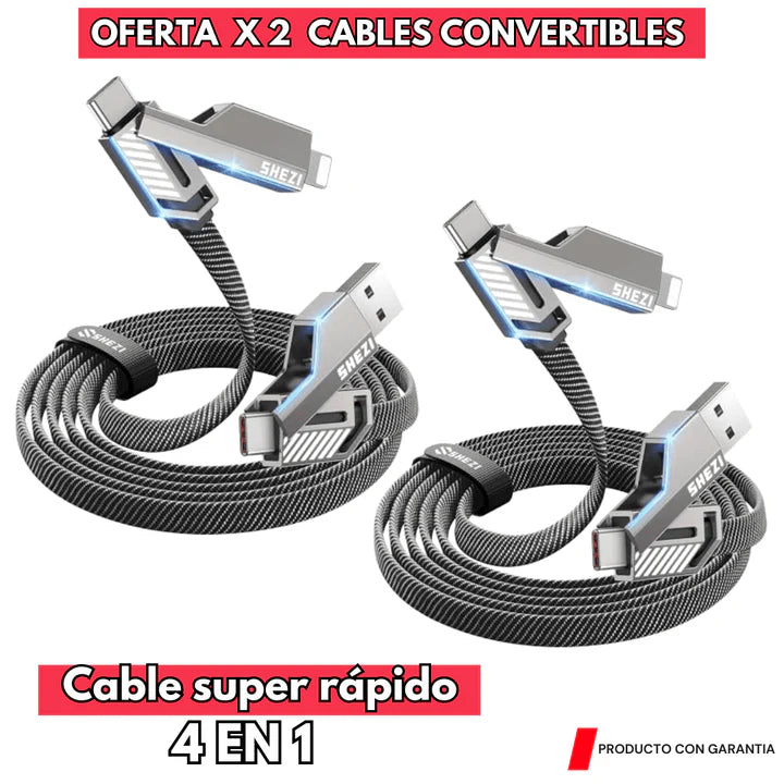 PACK X2 CABLES ULTRACARGA RÁPIDA MULTIFUNCIONAL 4 EN 1 + ENVÍO GRATIS
